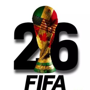 شعار كأس العالم 2026 على ملعب حديث في أمريكا الشمالية"